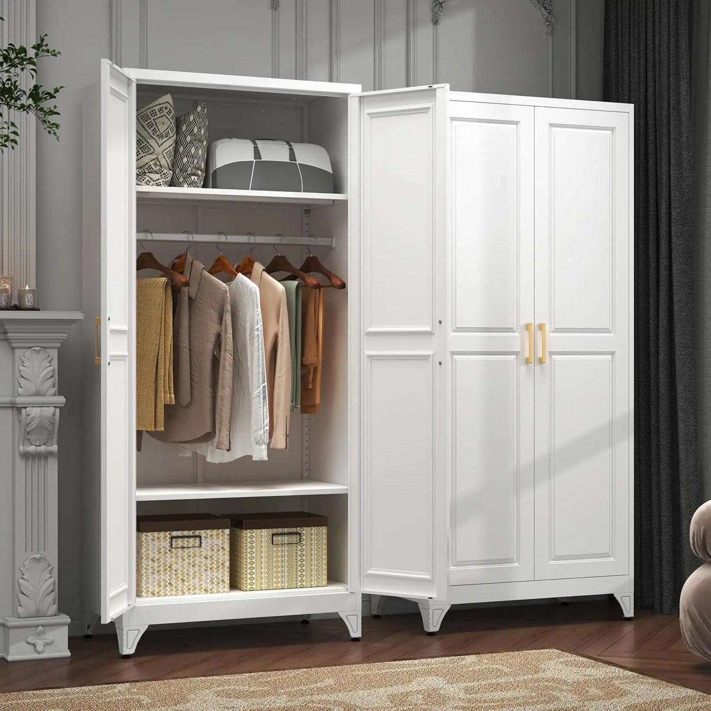 Metal Armoire Wardrobe Closet with 2 Doors, 71" Tall Wardrobe Closet with Doors, Hanging Rod, Drawers and, Customized