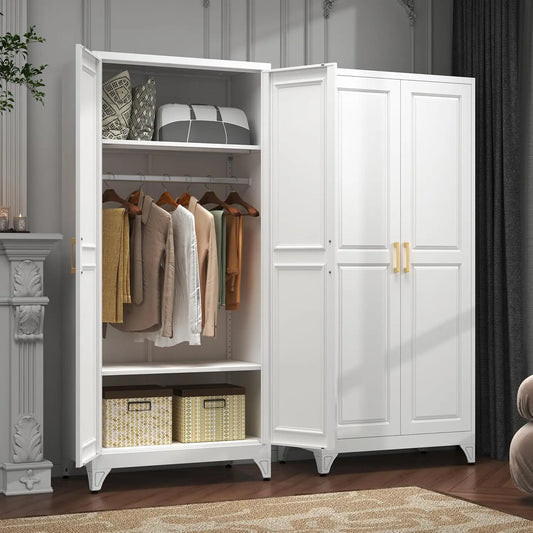 Metal Armoire Wardrobe Closet with 2 Doors, 71" Tall Wardrobe Closet with Doors, Hanging Rod, Drawers and, Customized