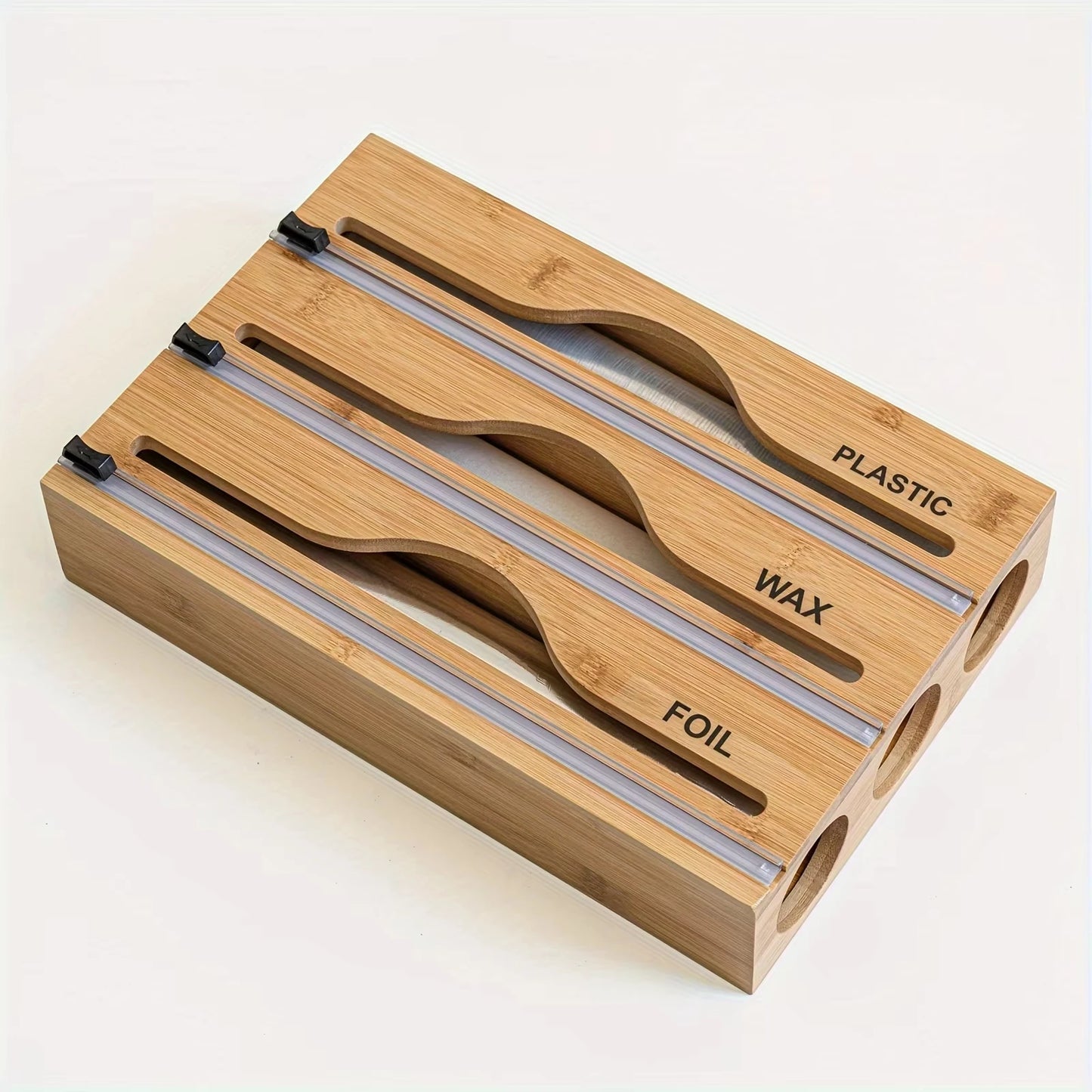 3-in-1 Bamboo Wrap Dispenser Drawer Organizer for Foil Plastic Wrap & Parchment Paper with Built-in Cutter & Label Holders
