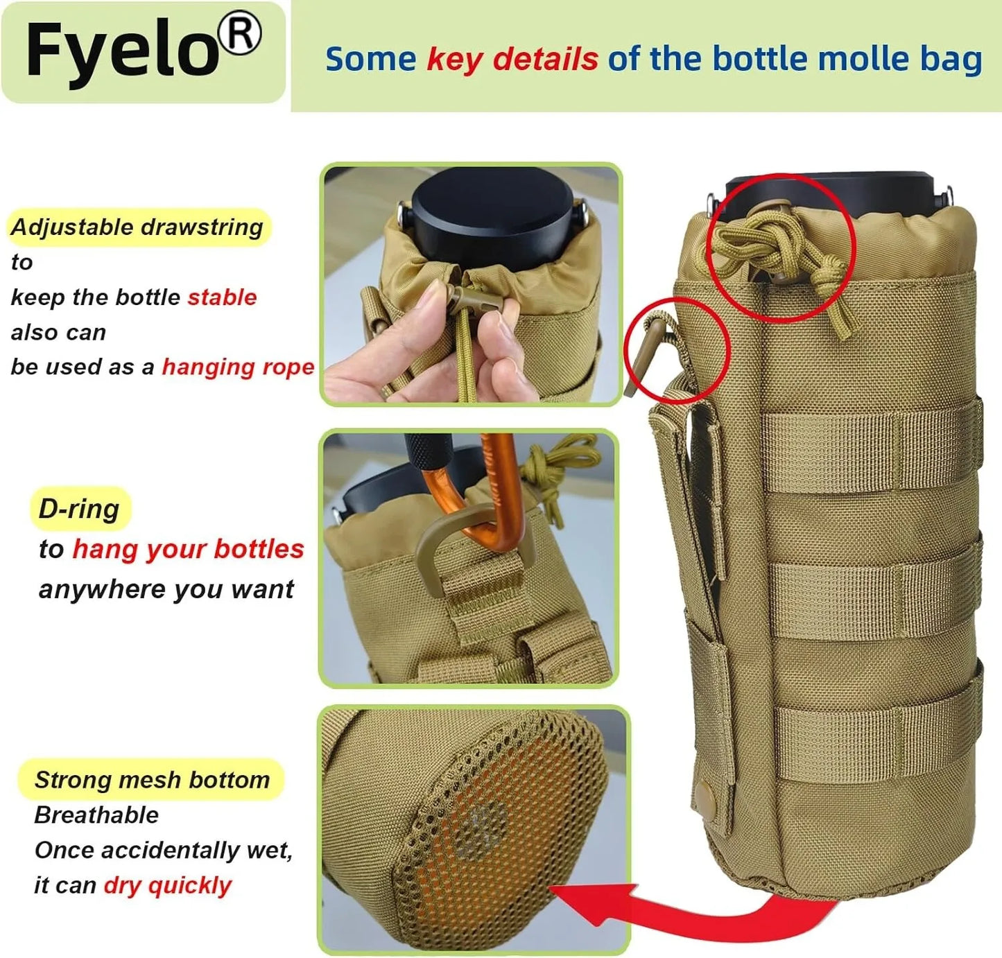 Molle Water Bottle Pouch Tactical Backpack Accessory Drawstring Mesh Bottom