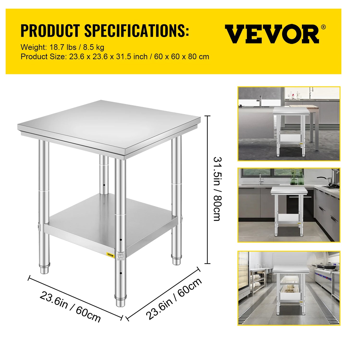 VEVOR Kitchen Work Bench Stainless Steel Commercial Table With Undershelf