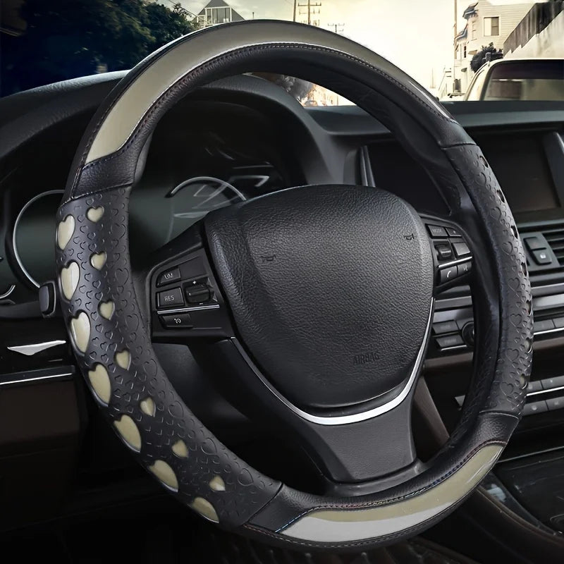 Sweet Heart Design Steering Wheel Wrap - Durable PU Leather, Anti-Slip Inner Circle, Fits Most Vehicles