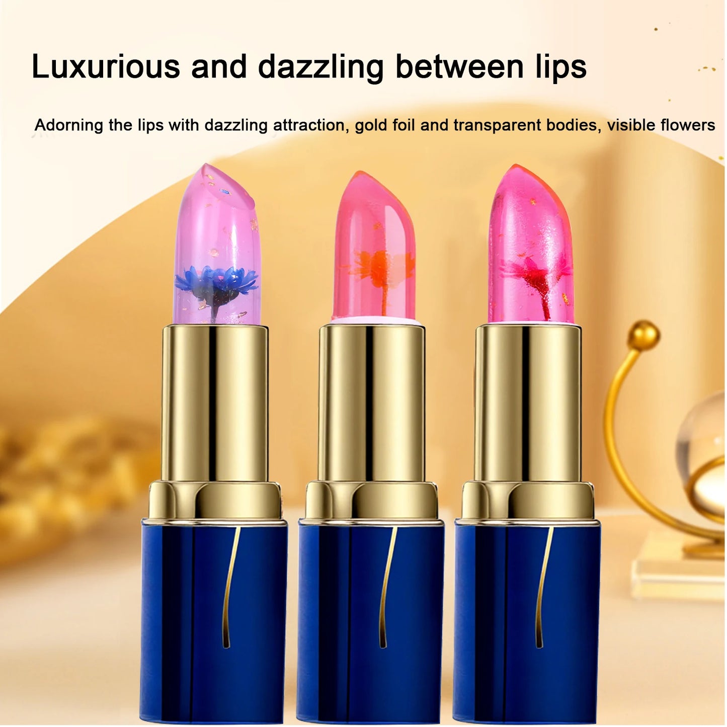 ZaiDoc 3pcs Flower Jelly Crystal Lipstick with Gift Fruit Lip Balm PH Color Changing Moisturizing Lip Gloss Balm Long Lasting Shine Lipstick