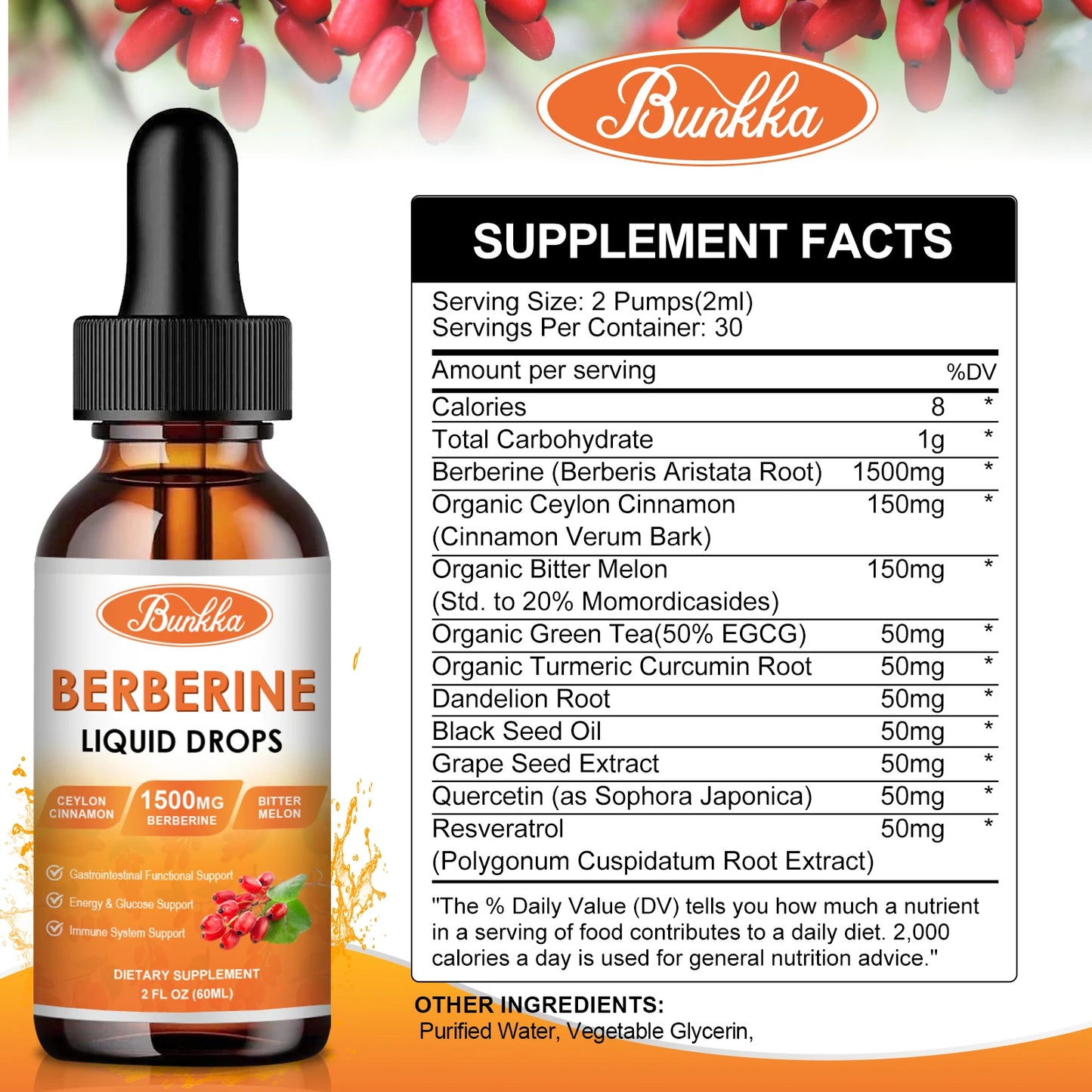 60Ml Berberine Drops With Turmeric Cinnamon Bitter Gourd Piperine For Digestive And Immune Health Support Vegetarian