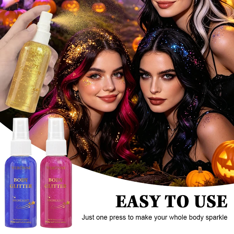 2Pcs VERONNI Body Glitter Spray, Shimmer Highlighter Mist for Hair Face Body, Long Lasting Sparkle Makeup Spray for Party Festival