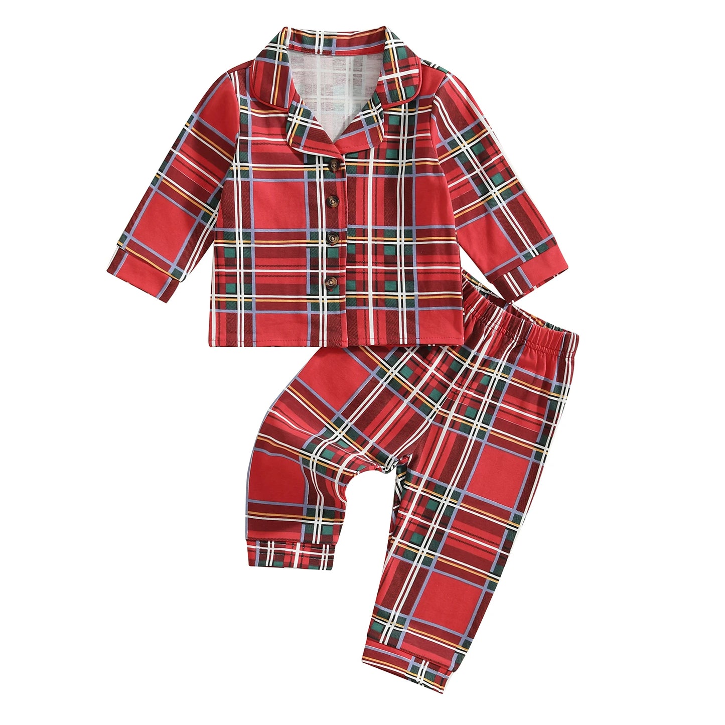 Child Autumn Checkered Pattern Pajama Set With Long Sleeve Lapel Collar Button Down Top And Matching Pants For Cozy