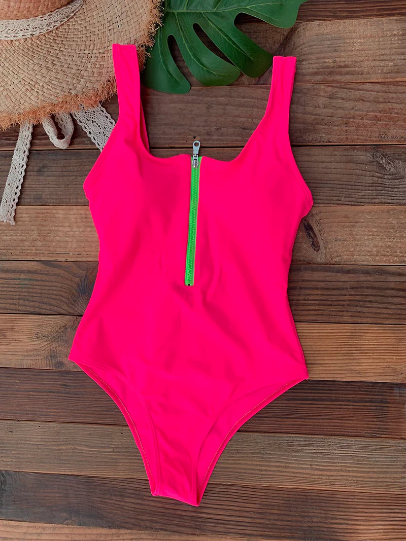 Front Zip Up One Piece Monokini Backless Swimsuit For Women