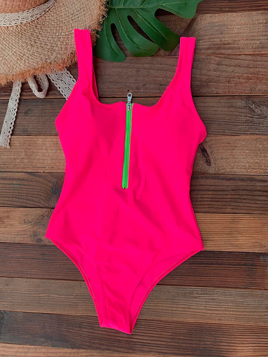 Front Zip Up One Piece Monokini Backless Swimsuit For Women