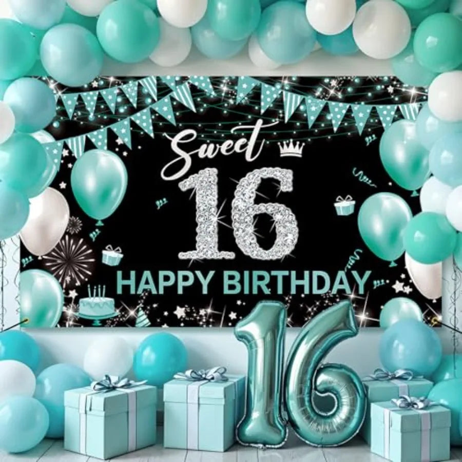 Sweet 16 Party Decorations, Fabric Happy 16th Birthday Banner Backdrop, Sweet Sixteen Birthday Decorations for Girls, Turquoise