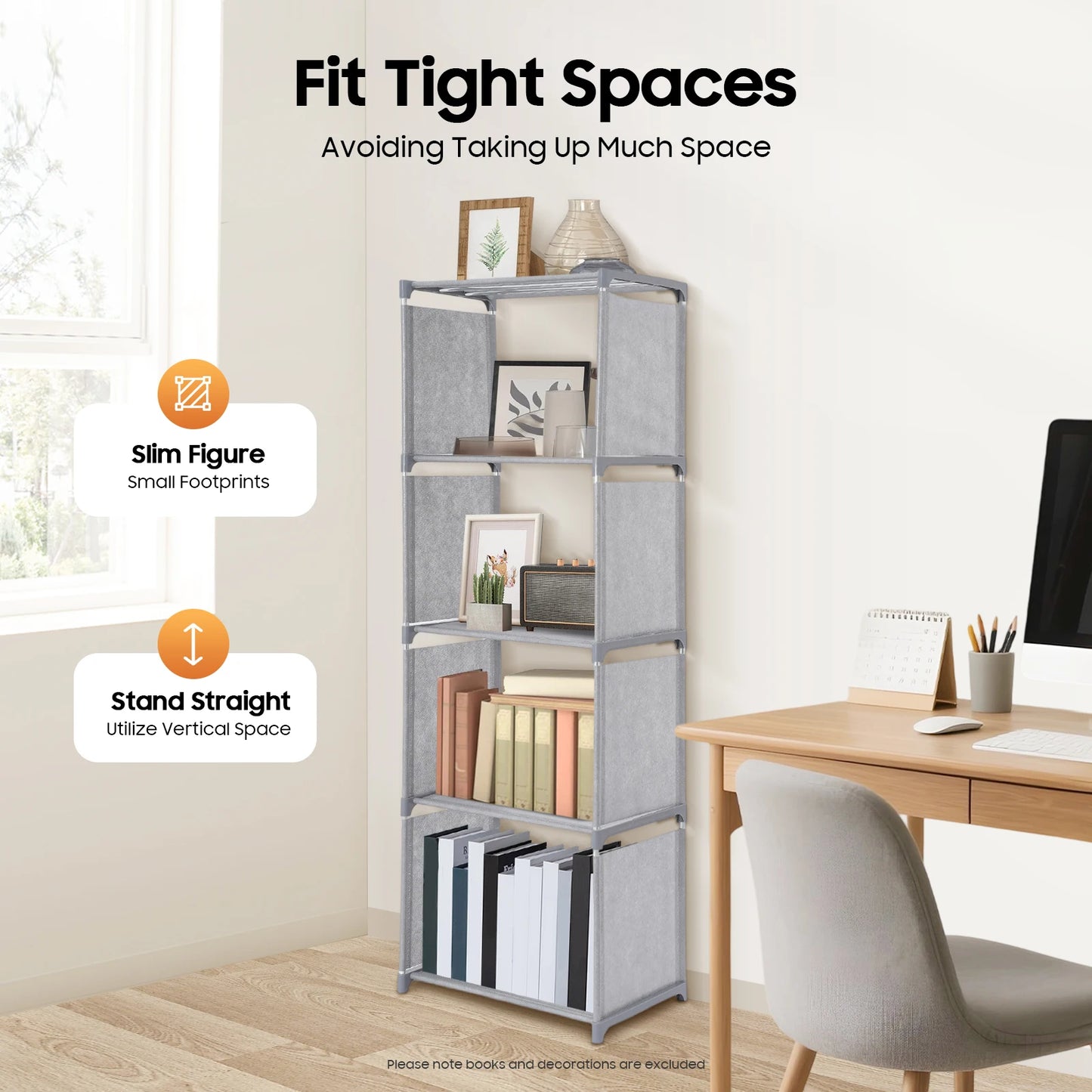 Book Shelf 4 Tier Wall Mounted Storage Shelf Non Woven Fabric Waterproof for Books Photo Frames Home Office Organization