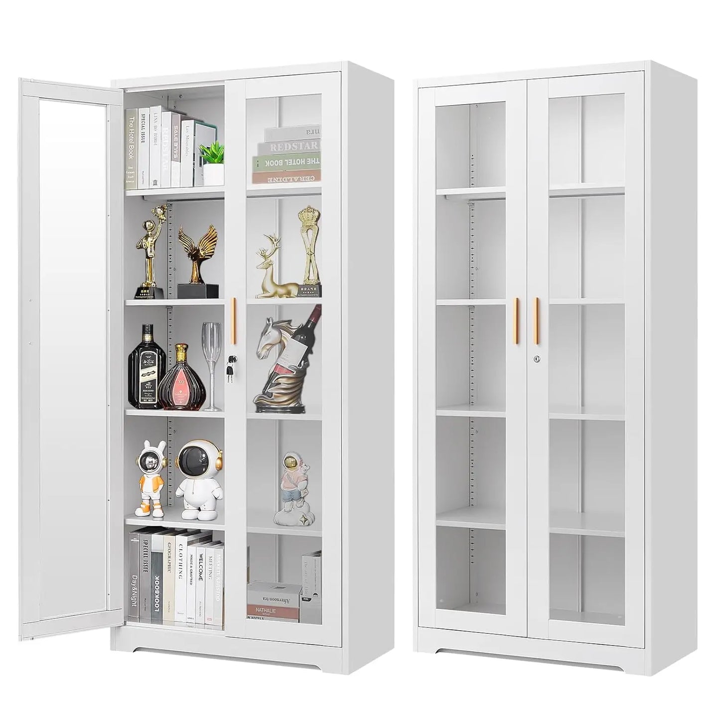 Display Cabinet with Glass Doors, 71'' Tall Curio Cabinets with Lock, Metal Glass Display Case for Collectibles, Customized