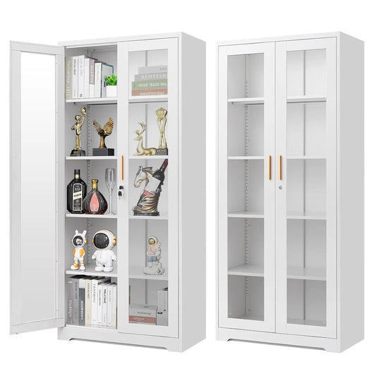 Display Cabinet with Glass Doors, 71'' Tall Curio Cabinets with Lock, Metal Glass Display Case for Collectibles, Customized
