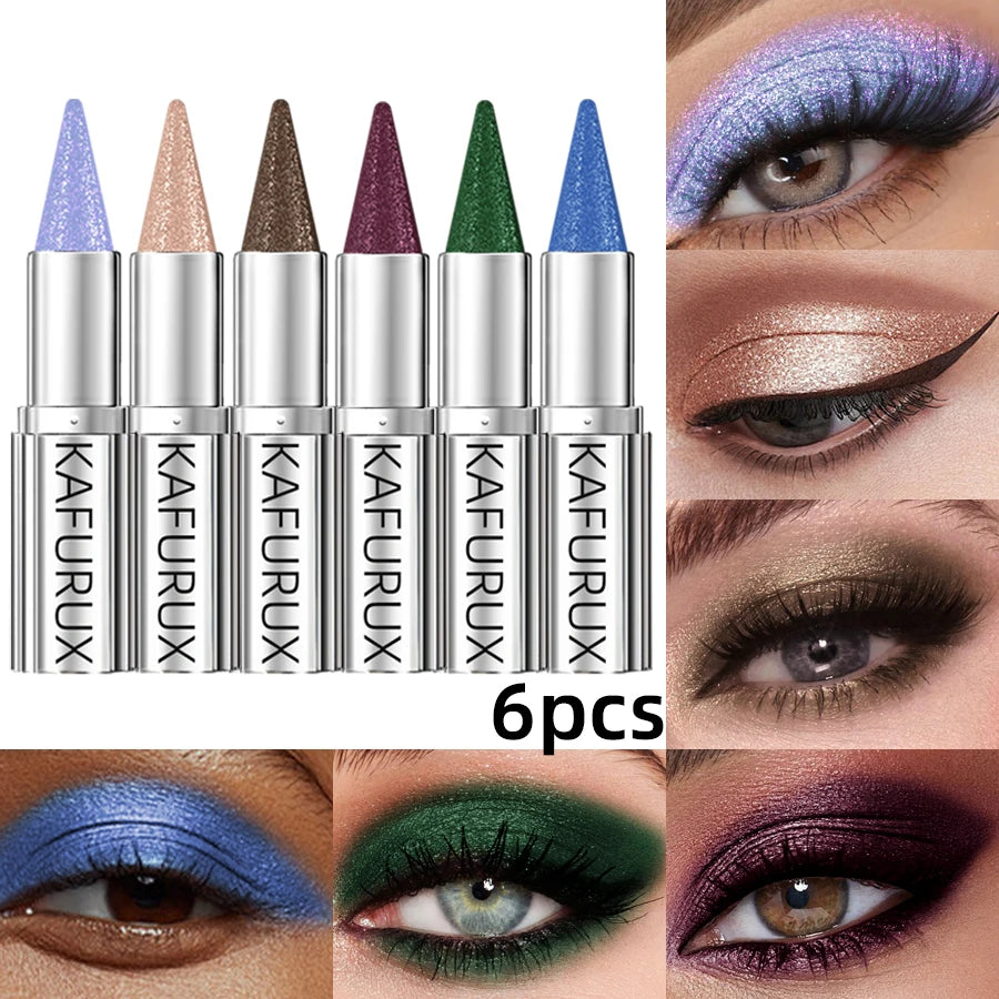 6pcs Metallic Brown Blue  Waterproof Eyeshadow Pen Glitter Shiny Eye Shadow Stick Korean Makeup for Women Gifts Pear Eye Cosmetics Smoky Black