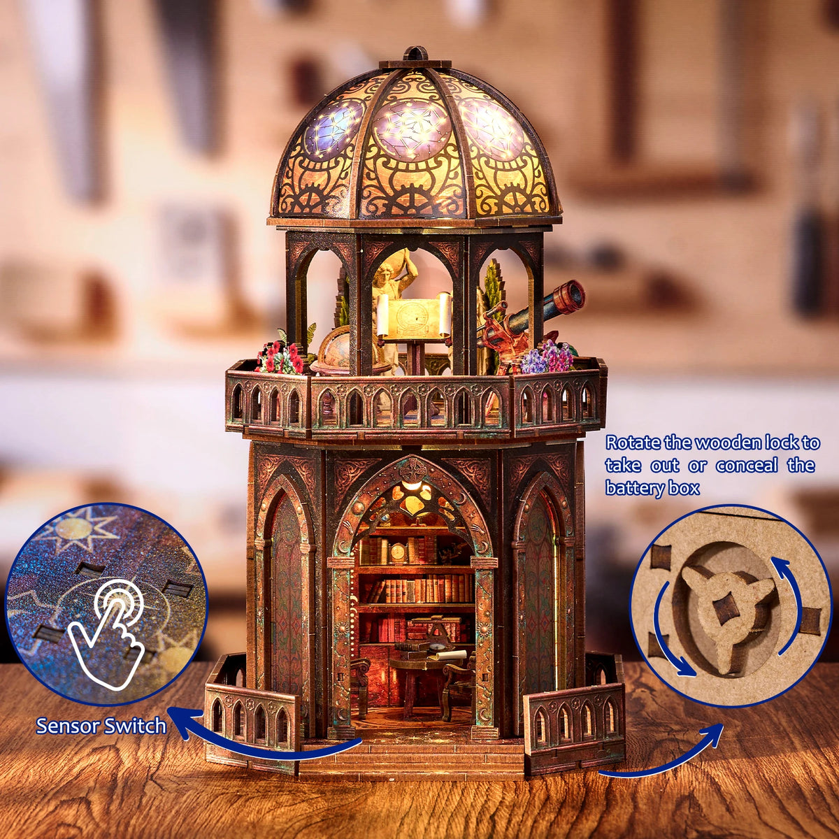 DIY 3D Wooden Puzzle Book Nook Kit Observatory Bookshelf Insert Dollhouse Model Bookend Home Decoration Building Gifts for Adults