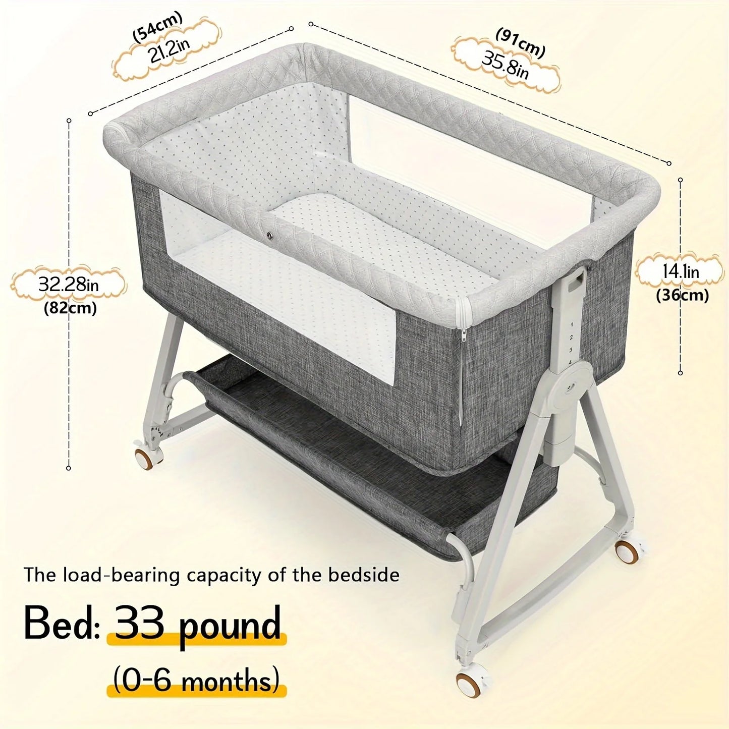 Three In One Bedside Baby Bassinet On Wheels Portable Crib