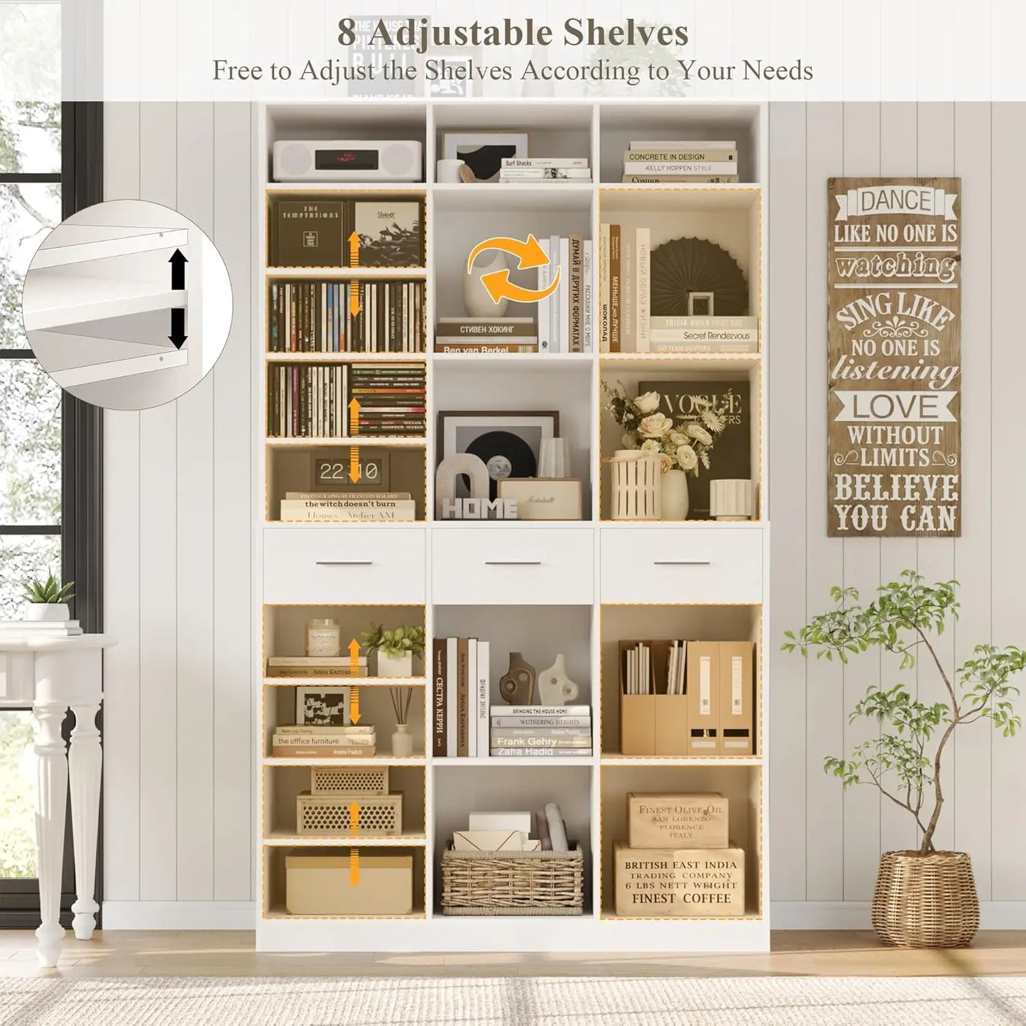 75" Tall Book Shelf and Bookcase, 47" Wide Bookshelf with Drawers, Modern 9 Tier Bookcase with Storage, Large Wood, Customized