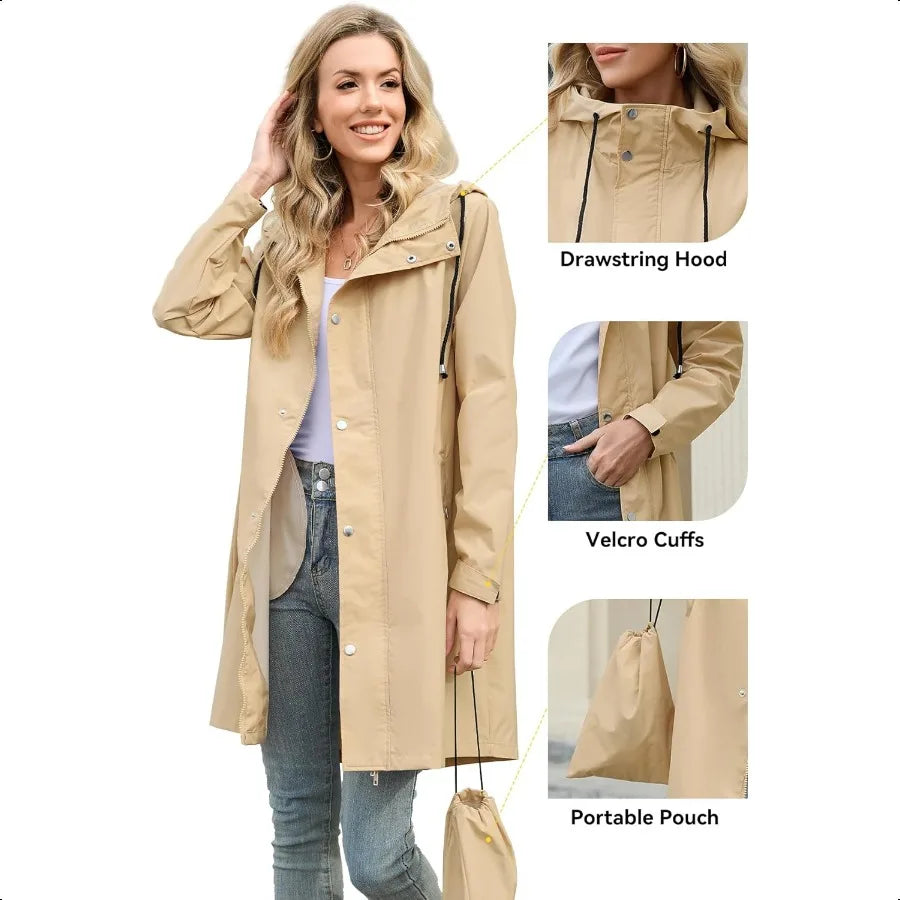 Hign-concerned Packable Waterproof Rain Coat Hooded Trench