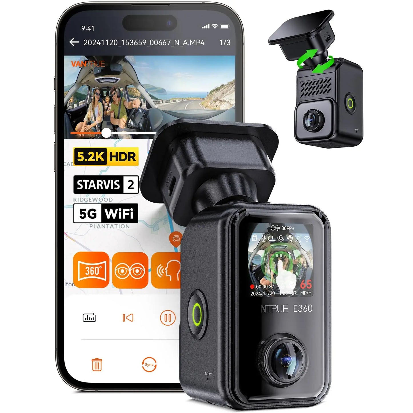 Vantrue E360 Dashcam 360 Panoramic Night Vision GPS WiFi
