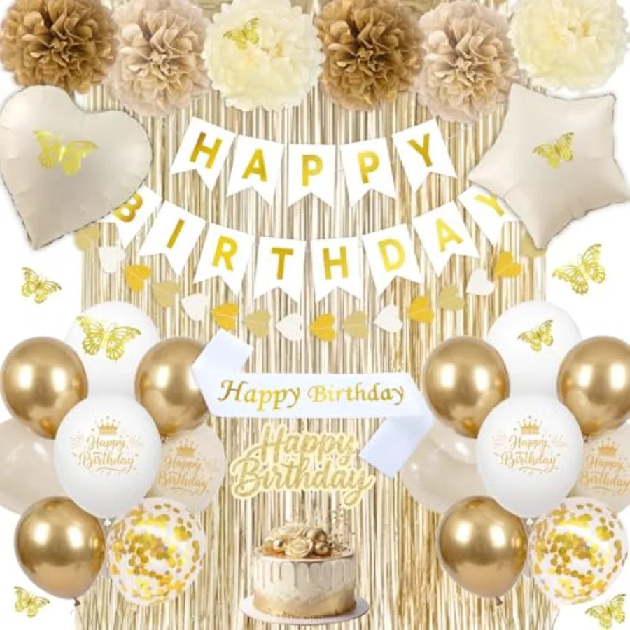 Purple Birthday Decorations, 50PCS Happy Birthday Decorations for Women Include Banner Balloons Sash Foil Fringe Curtain Paper