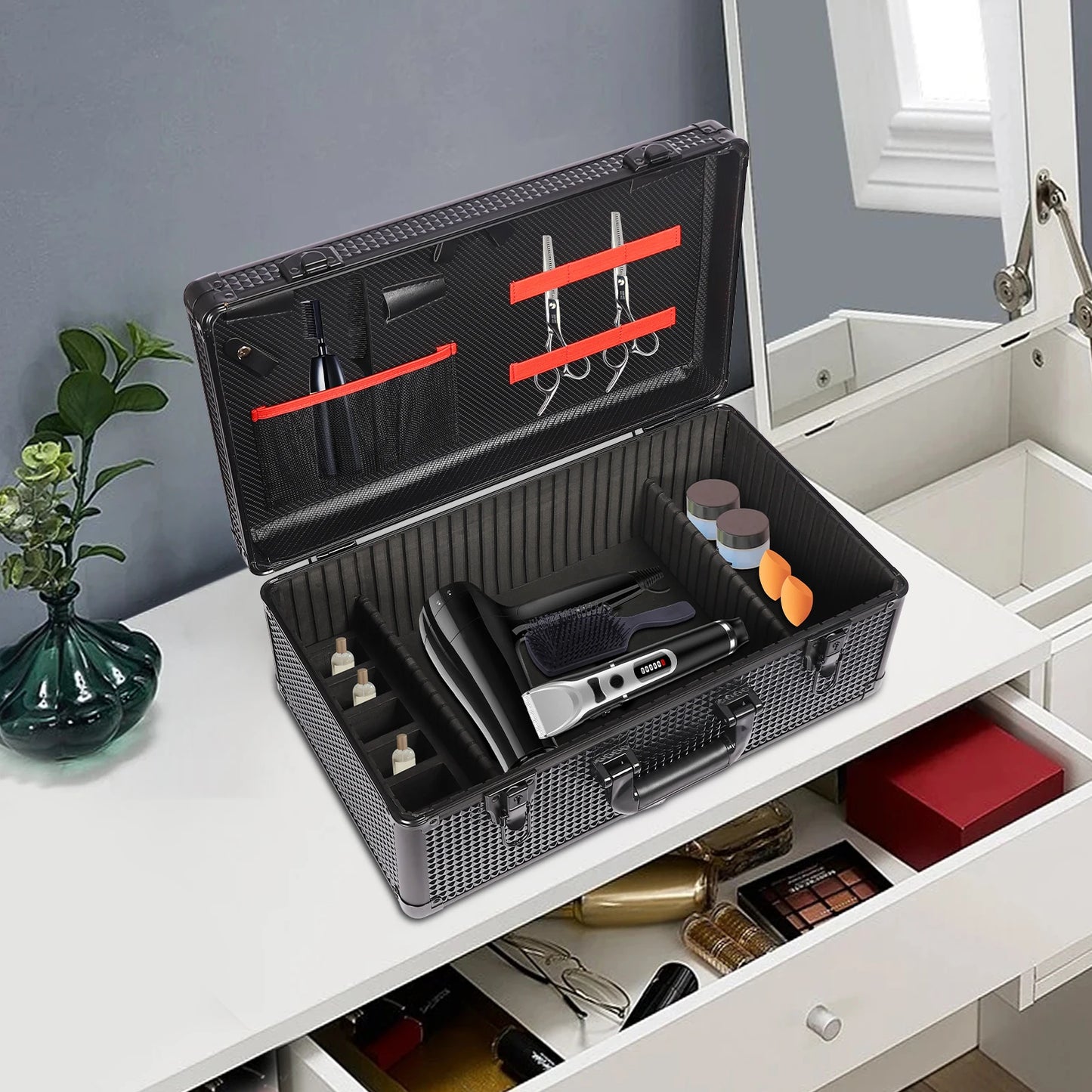 Professional Barber Case, Barber Makeup Supplies Case, Barbers Suitcase with Robust Secure Lock for Scissors, Clippers, Barber Tool Organizer Black