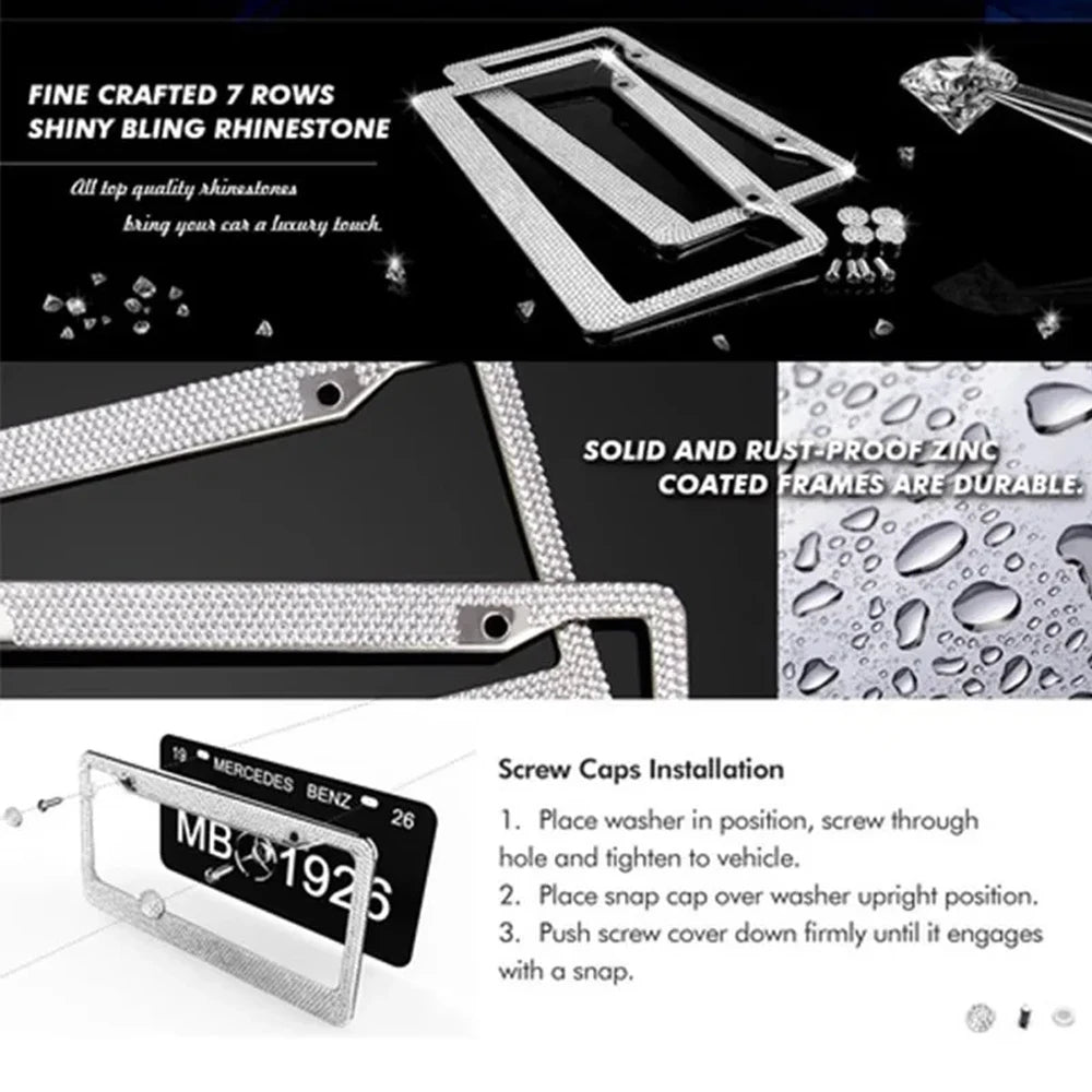 2PCS Bling Crystal Diamond Car License Plate Frame Stainless Steel Shiny Rhinestone License Plate Cover Holder Universal Auto License Tag Frames