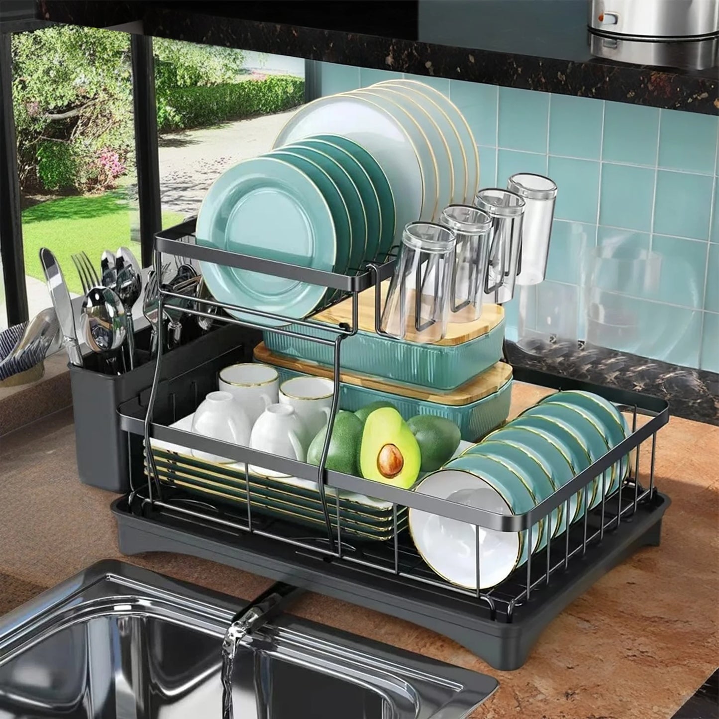 Removable 2-Tier Metal Dish Drying Rack for Kitchen Countertop