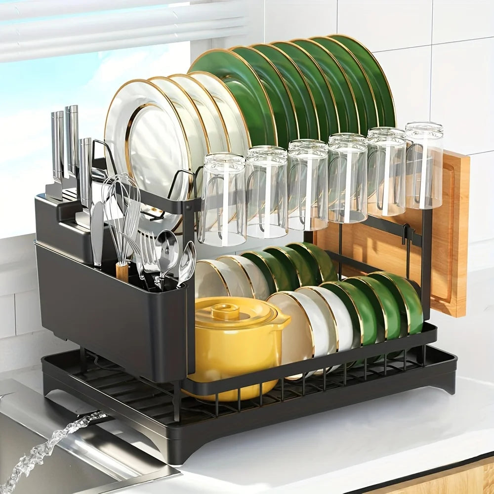 Dish Drying Rack Multifunctional Kitchen With Drainboard 2 Tier Space Saving Rack With Utensil Holder