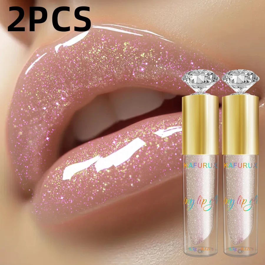 2pcs Moisturizing Diamond Shimmer Glitter Lip Gloss Set Korean Makeup Sparkling Glitter Liquid Lipstick Pearl Lip Gloss Sexy Lip Oil Sexy Pink Cosmetic for Women Gifts
