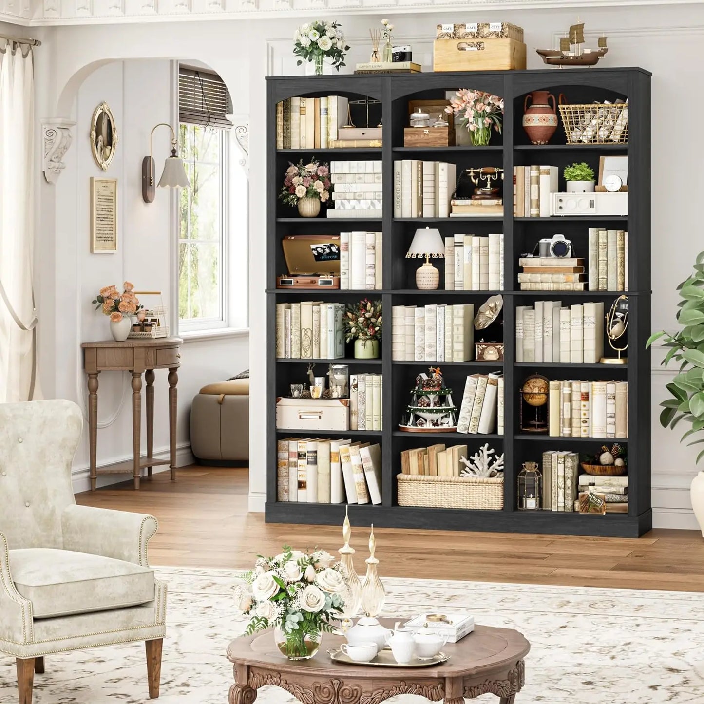 71" Triple Wide Bookshelf, 6 Tier Tall Bookshelf, Large Bookcase with Curved Baffle, 63.4" Wide Book Shelf with 18, Customized