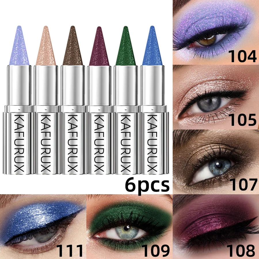 6pcs Metallic Brown Blue  Waterproof Eyeshadow Pen Glitter Shiny Eye Shadow Stick Korean Makeup for Women Gifts Pear Eye Cosmetics Smoky Black