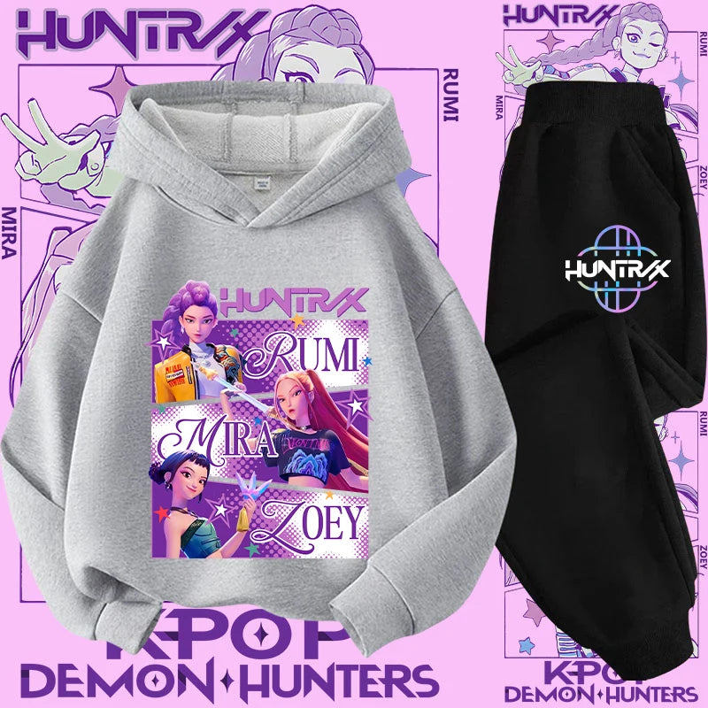 Kpop Demon Hunter Kids Hoodie And Top Set Two Piece Cartoon Print Unisex Casual Wear