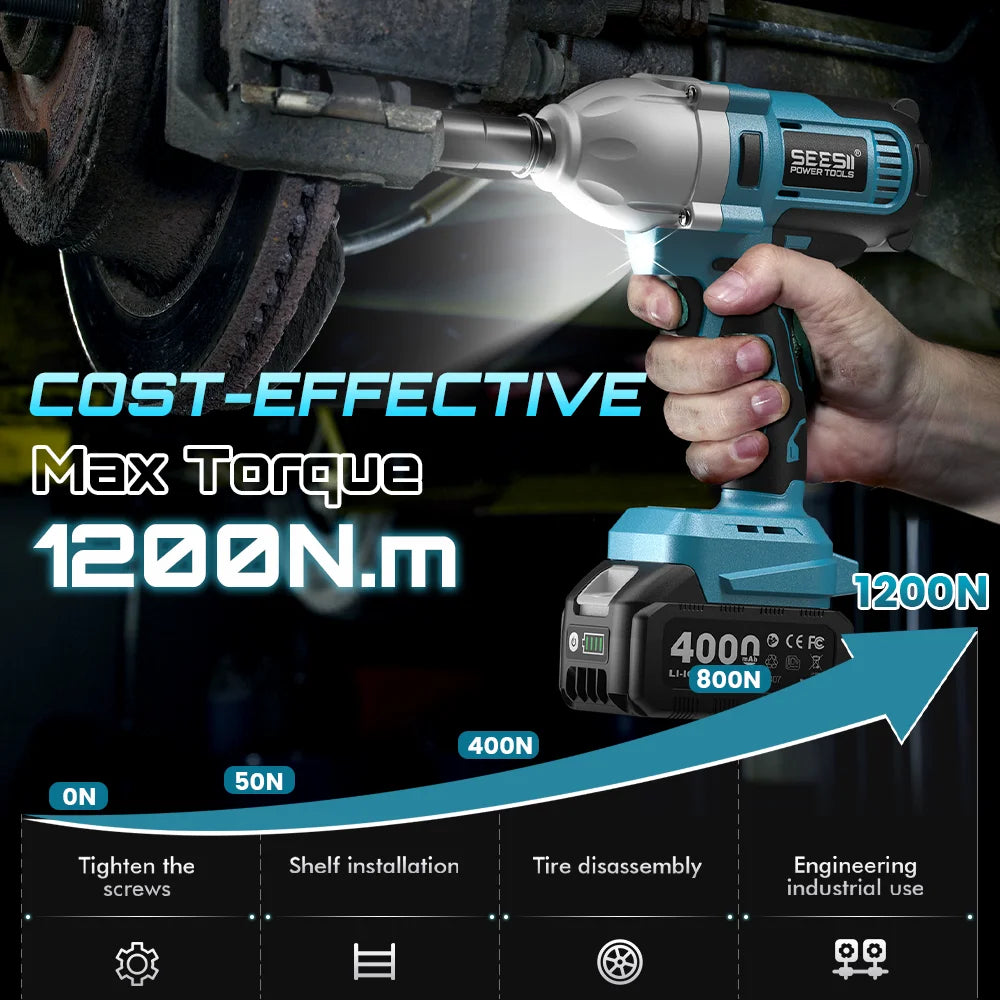 SEESII WH710 Pro 1200N.m Brushless Cordless Impact Wrench 1/2" Electric High Torque Handheld Impact Gun Kit Battery Powered Tool with 4.0Ah Battery LED Light 6 Sockets