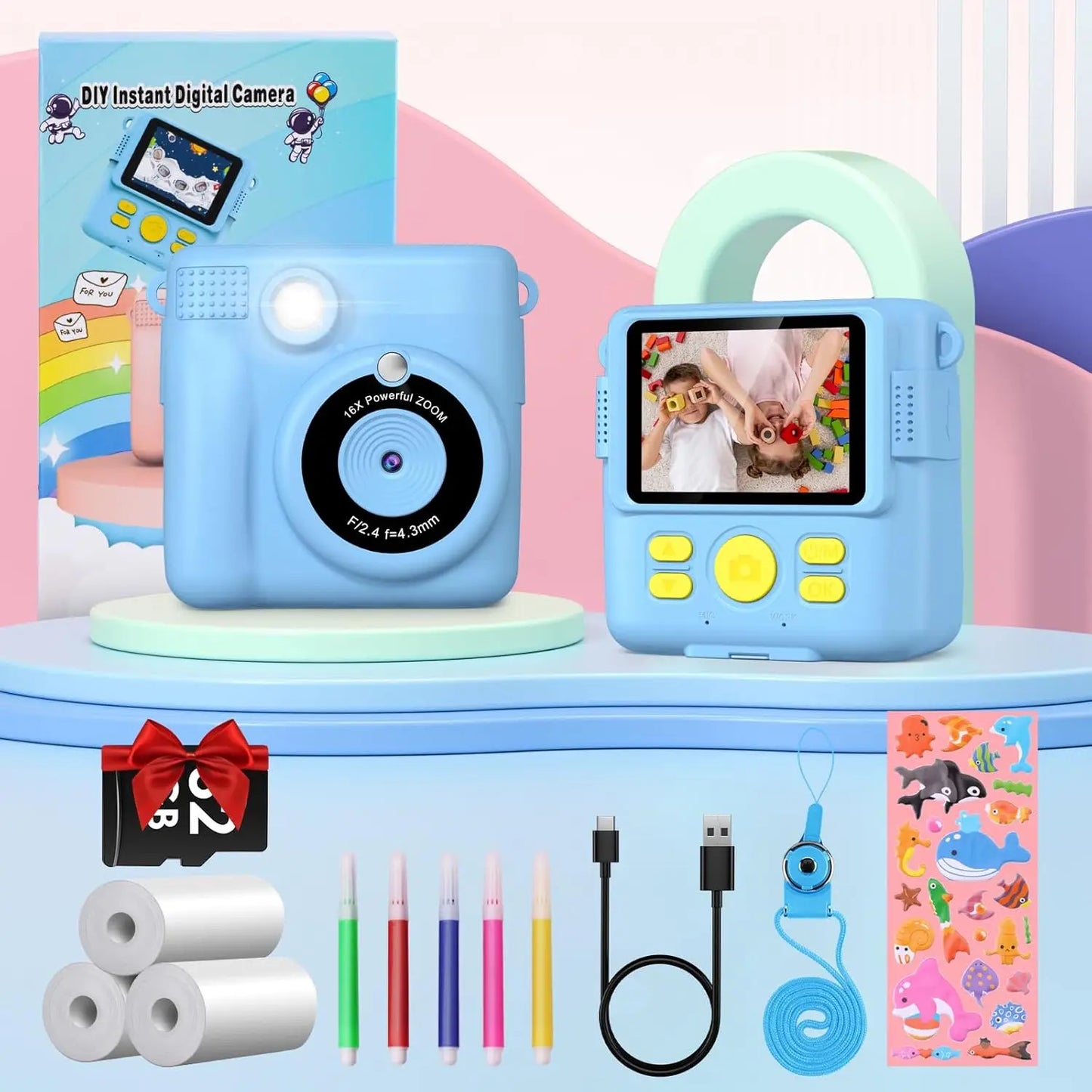 Gofunly Kids Instant Print Camera Thermal Printing Digital Camera 2 Point 4 Inch LCD 1080P For Ages Six To Twelve