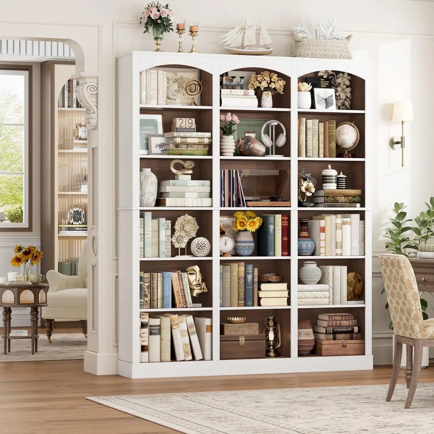 71" Triple Wide Bookshelf, 6 Tier Tall Bookshelf, Large Bookcase with Curved Baffle, 63.4" Wide Book Shelf with 18, Customized