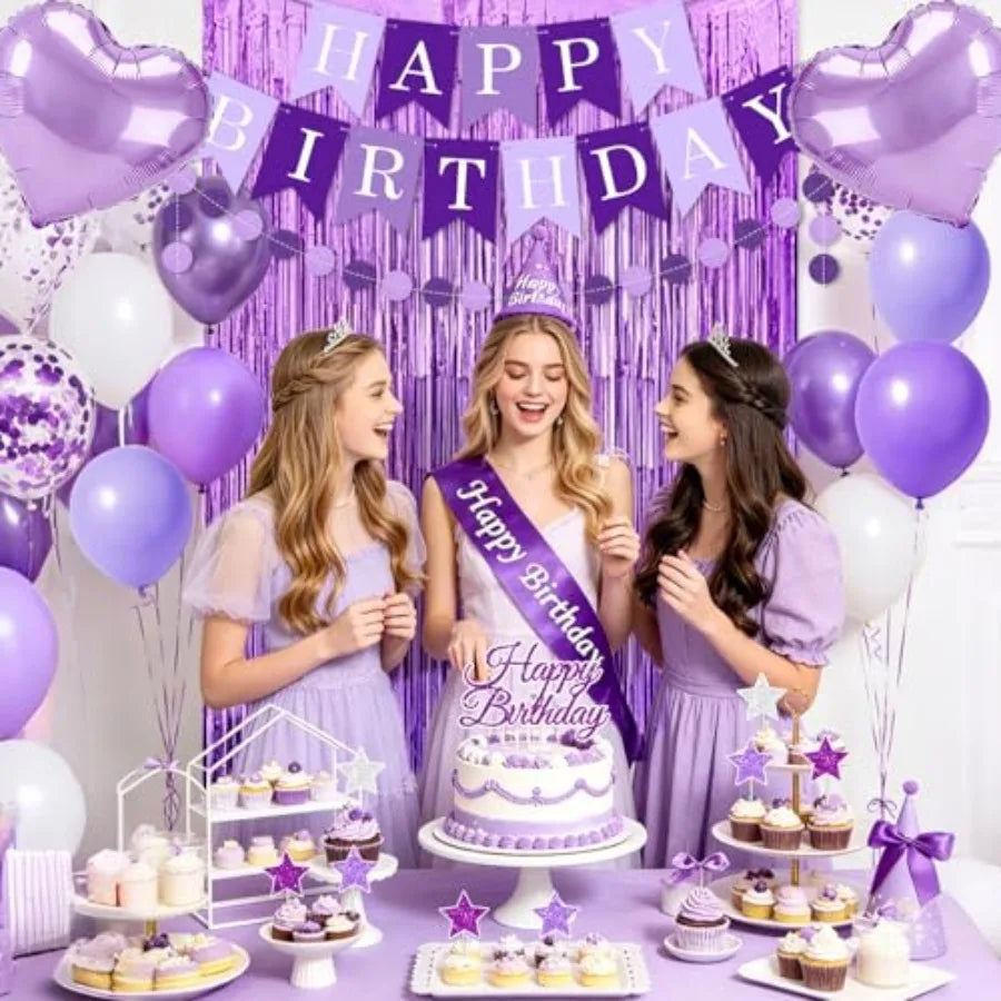 Purple Birthday Decorations, 50PCS Happy Birthday Decorations for Women Include Banner Balloons Sash Foil Fringe Curtain Paper