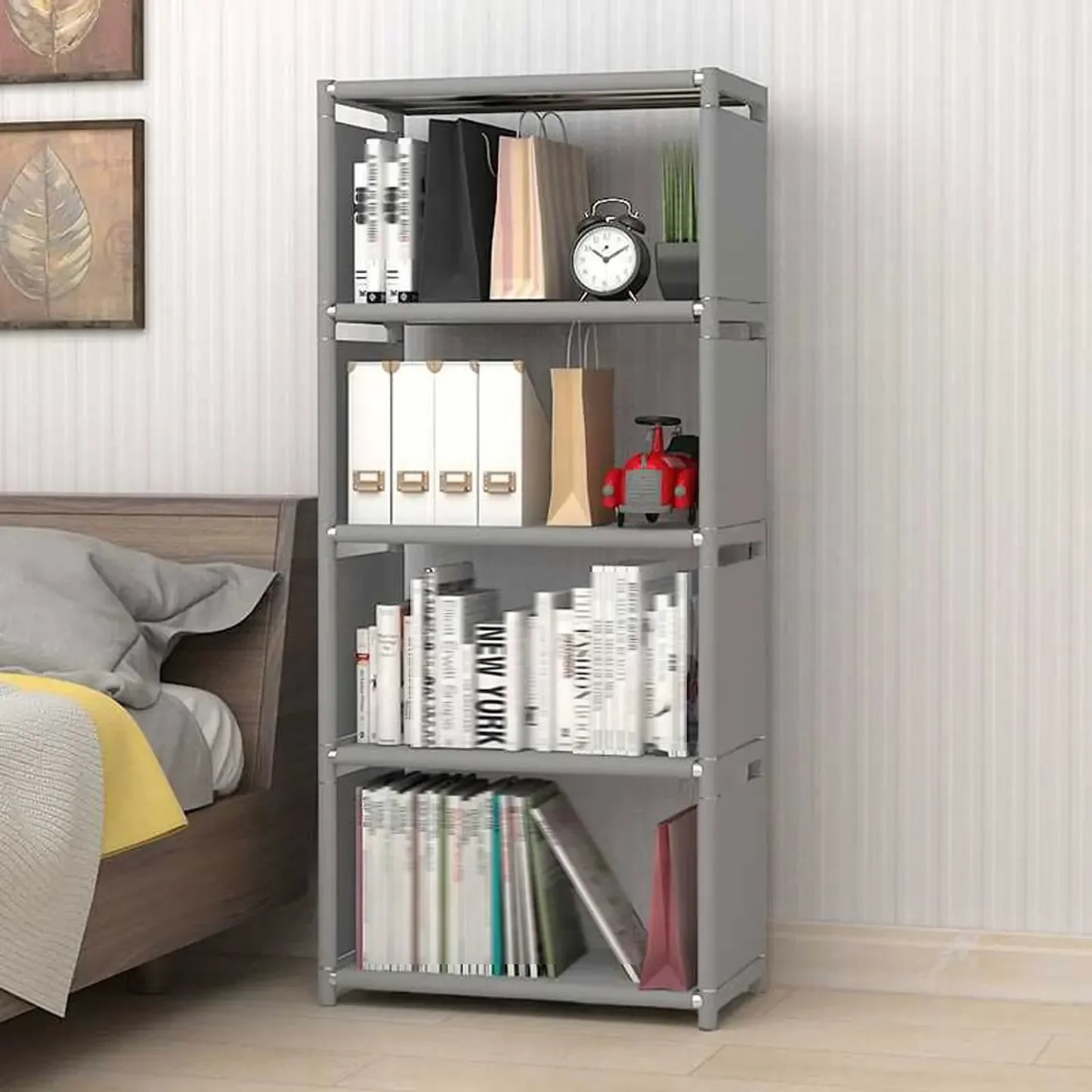 Book Shelf 4 Tier Wall Mounted Storage Shelf Non Woven Fabric Waterproof for Books Photo Frames Home Office Organization