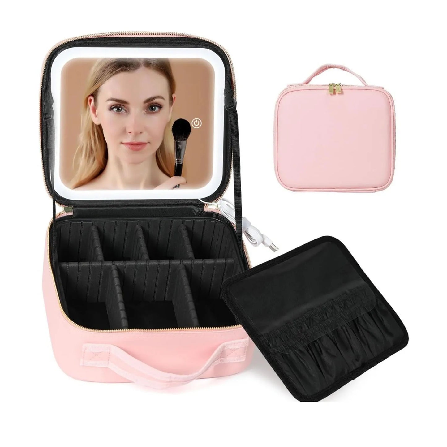 CN Travel Makeup Bag With LED Mirror And Adjustable Dividers