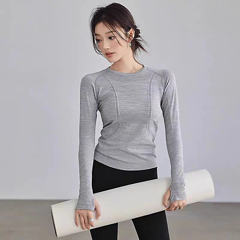 Women Seamless Round Neck Yoga Top Long Sleeve Shirt Winter