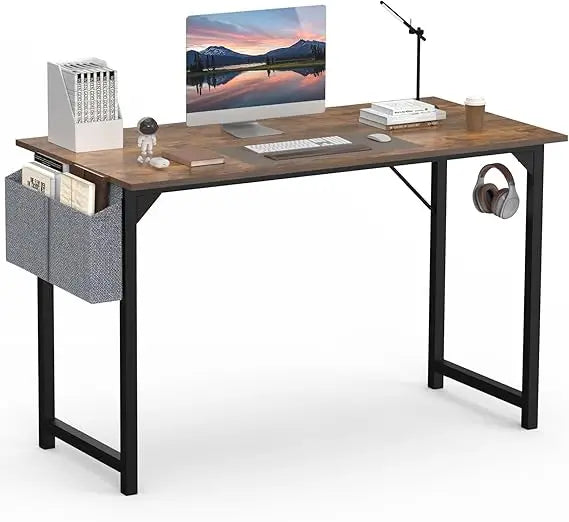 48 Inch Computer Desk Rustic Brown Wood Modern Writing Desk With Storage Bag And Headphone Hook For Two People