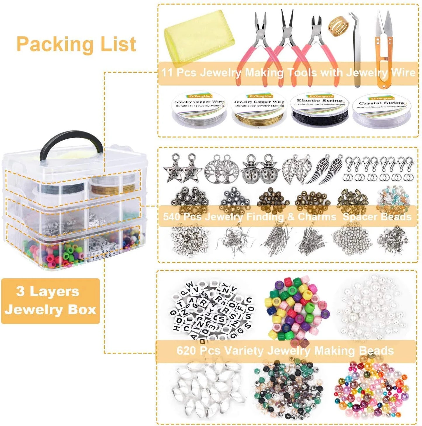 1171pcs Ultimate DIY Jewelry Making Kit - Complete Bead Assortment, Jewelry Charms, Findings, Spacer Beads, Wire, Cord, Pliers,