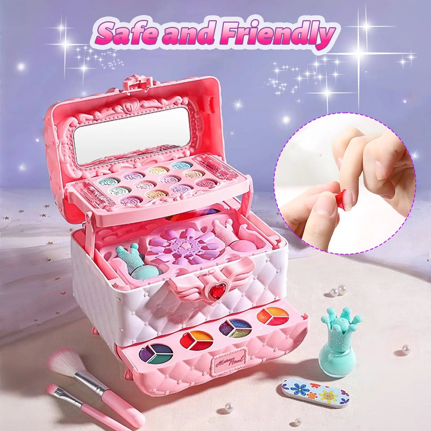Kids Foldable Makeup Set For Girls Multi Layer Pretend Play Cosmetic Kit With Storage Box Educational Toy