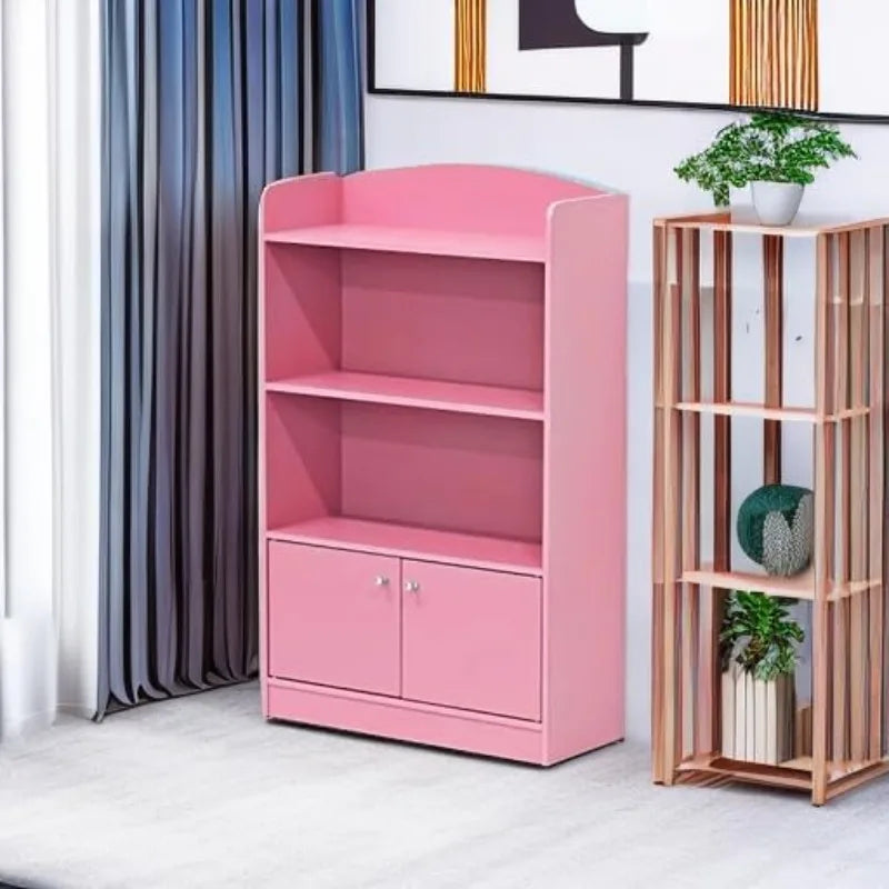 Pink Bookshelf With Storage Cabinet 2 Shelves With Doors Veneer Home Office Dorm Room Decor