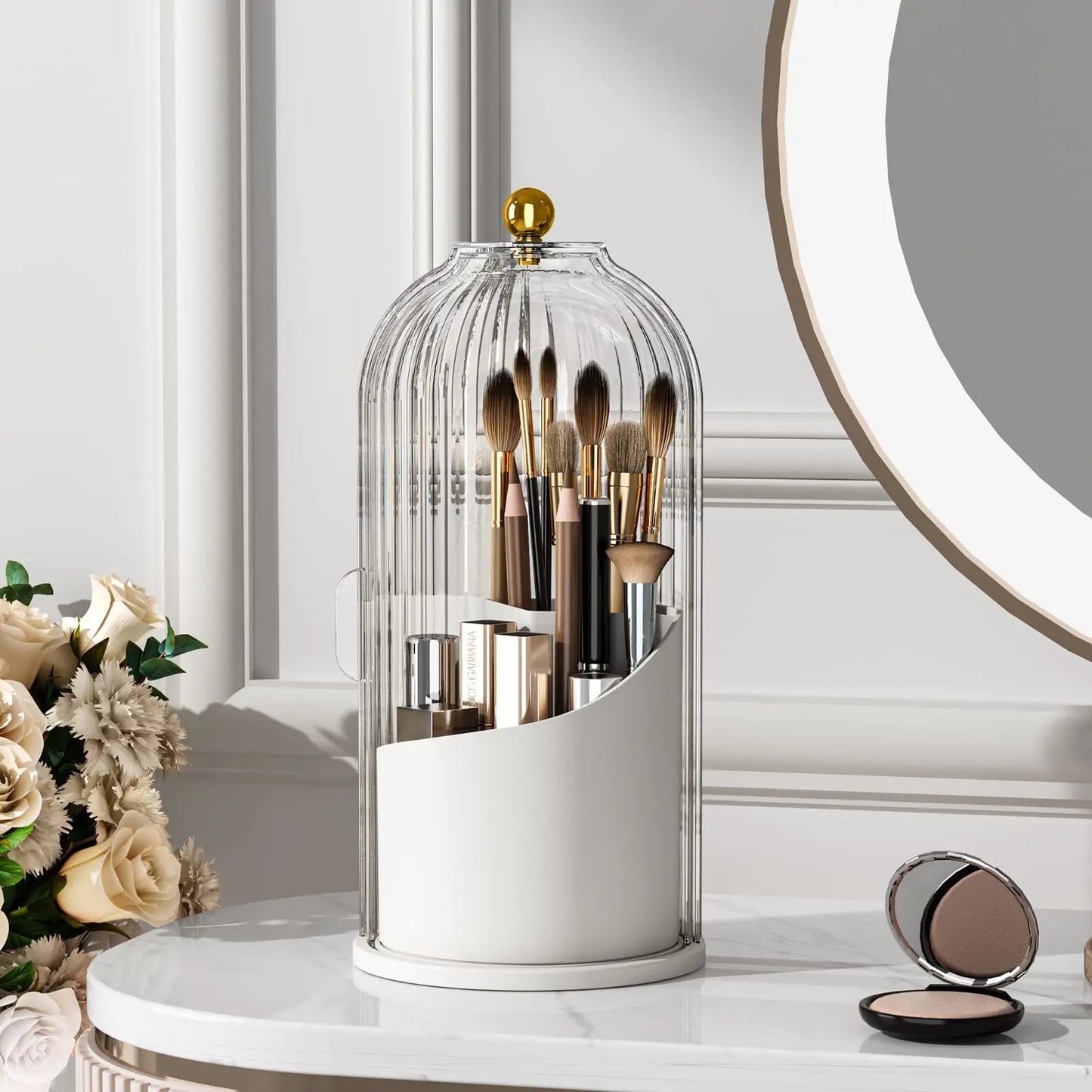 YOOLENS Makeup Brush Holder With Lid 360 Rotation Organizer
