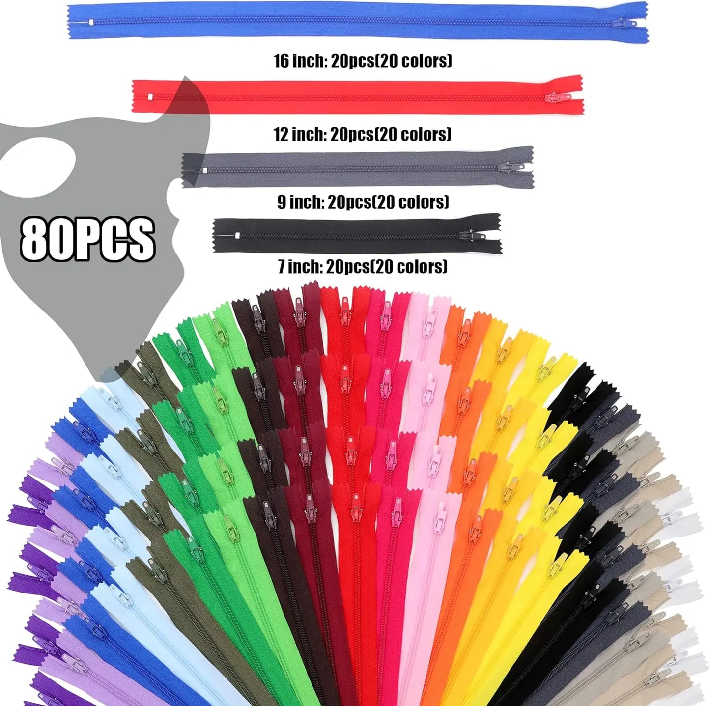 80pcs Mixed Nylon Coil Zippers 7 9 12 16 Inches Colorful Sewing Zippers for Tailor Crafts with 20 Colors