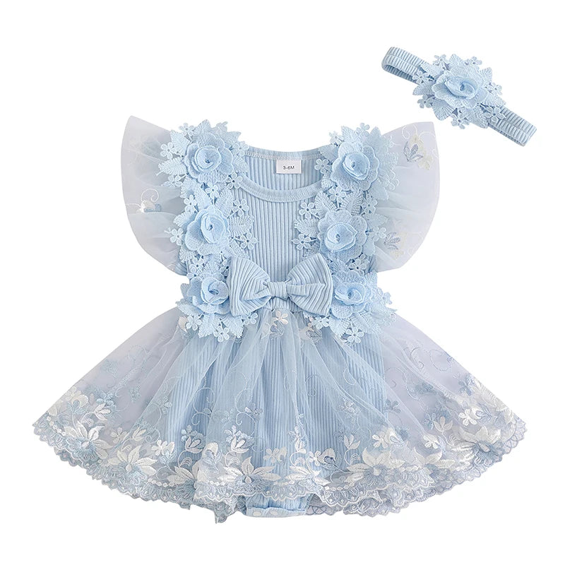 Infant Floral Embroidered Romper With Mesh Skirt And Headband Set