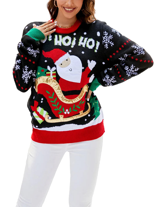 Women Christmas Sweater Winter Long Sleeve Round Neck Santa Claus Pattern Knit Tops Classic Fit