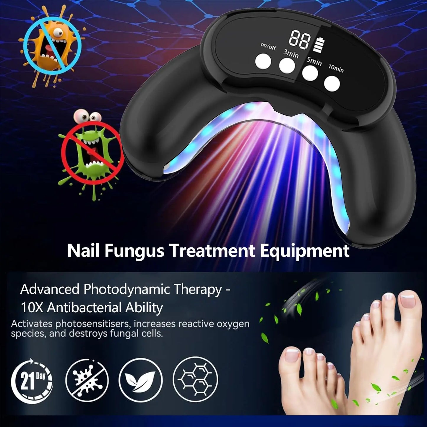 45W Nail Fungus Treatment Device 30LED Rechargeable 470nm 905nm Blue Light with Digital Displays Addressing Weak&Damaged Nails