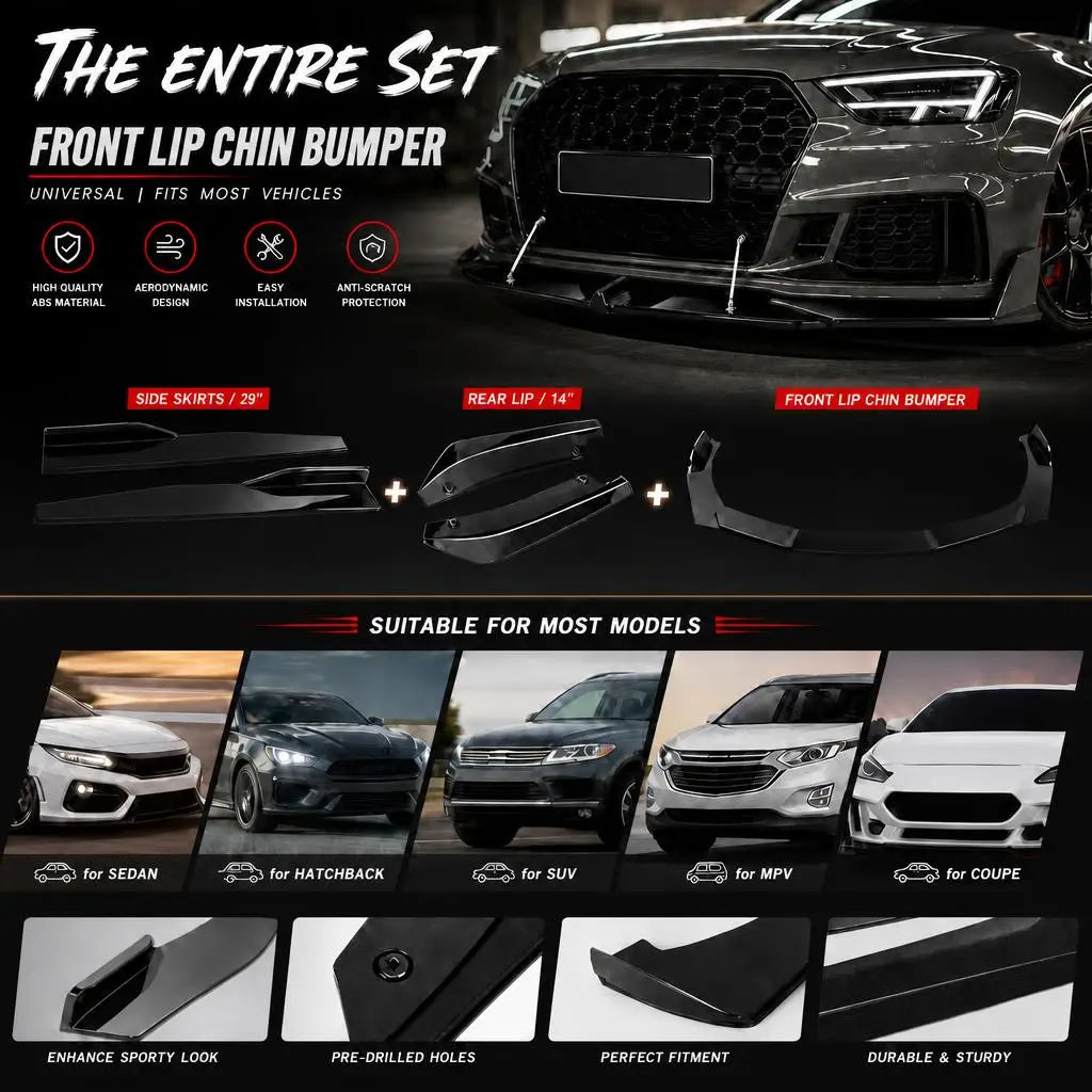 Universal 5 Piece Front Bumper Lip Splitter Kit For Car PP Black Front Spoiler Side Skirt Extension Racing Body Kit