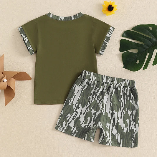 Infant Boy Summer Outfit Set Embroidered Tshirt Elastic Shorts