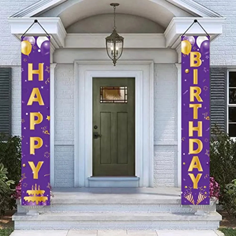 Purple Gold Happy Birthday Door Banner Decorations, Happy Birthday Porch Sign Party Supplies for Girls Women, 16th 21st 30th 40